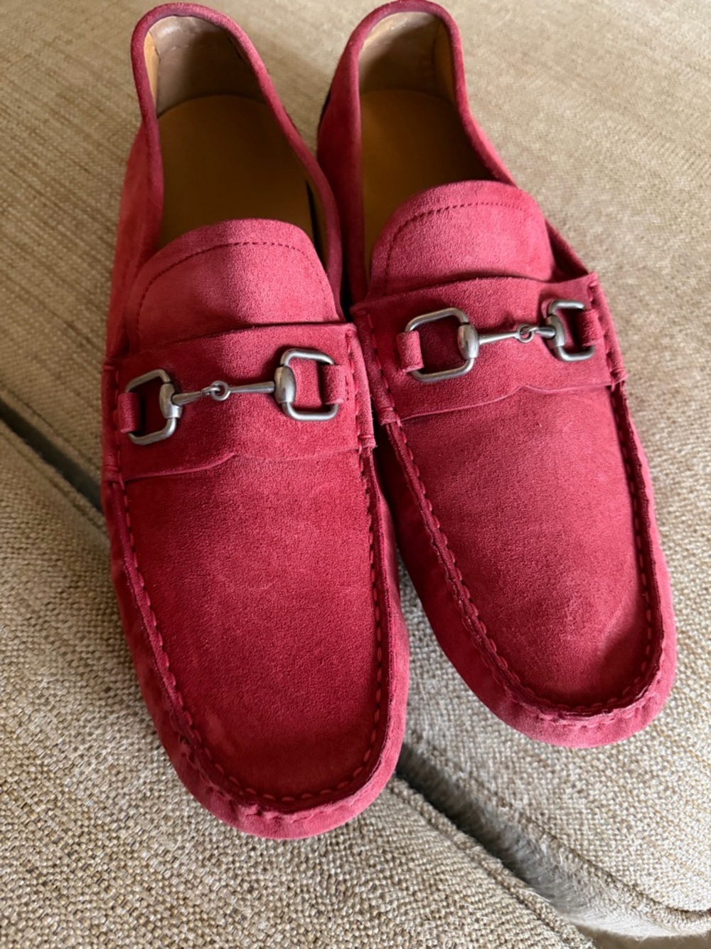 Gucci Red Suede Horsebit Loafers